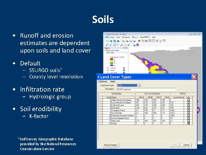 Soils • Runoff and erosion estimates are dependent upon soils and land cover •
