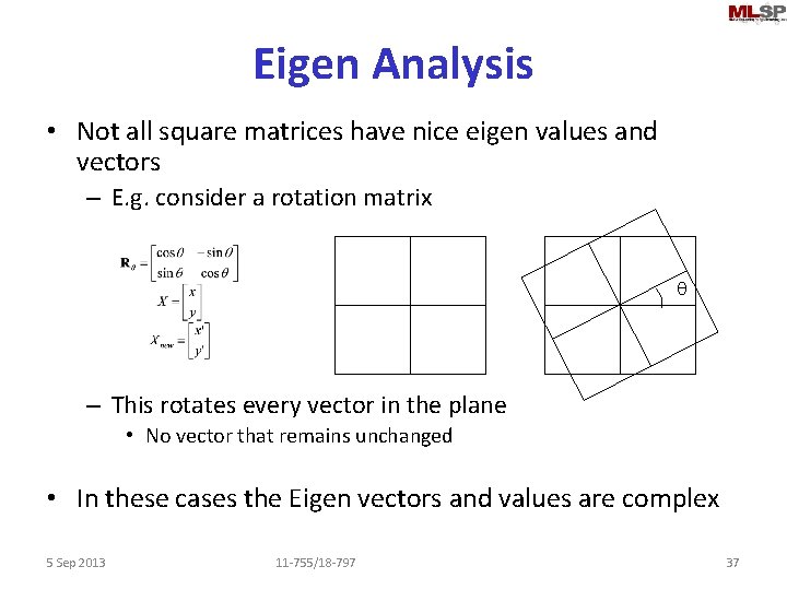Eigen Analysis • Not all square matrices have nice eigen values and vectors –