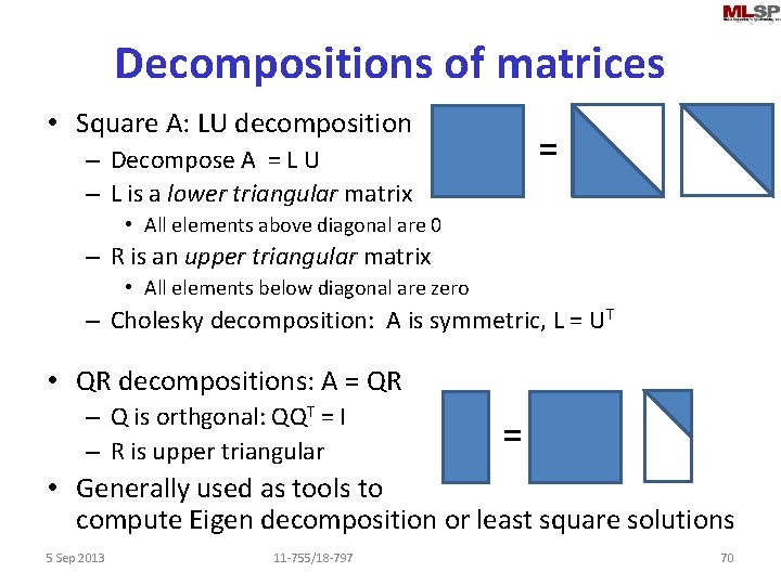 Decompositions of matrices • Square A: LU decomposition = – Decompose A = L