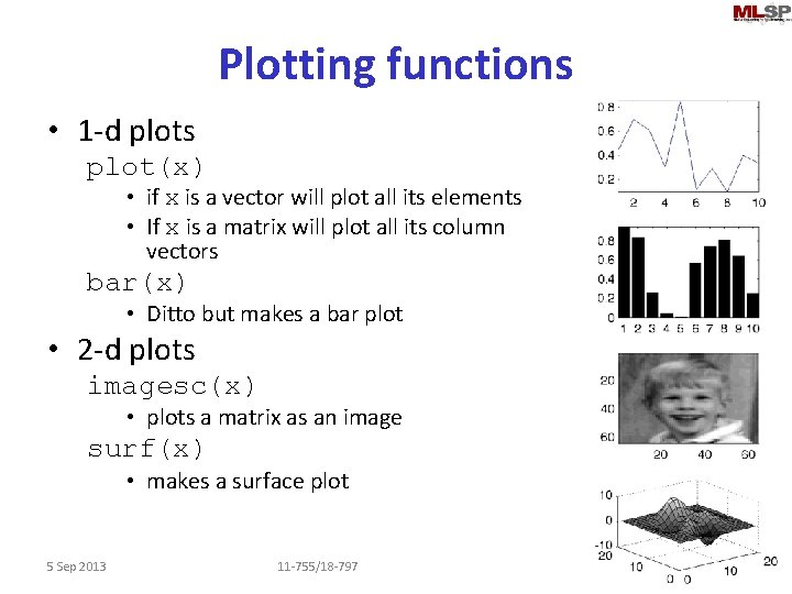 Plotting functions • 1 -d plots plot(x) • if x is a vector will