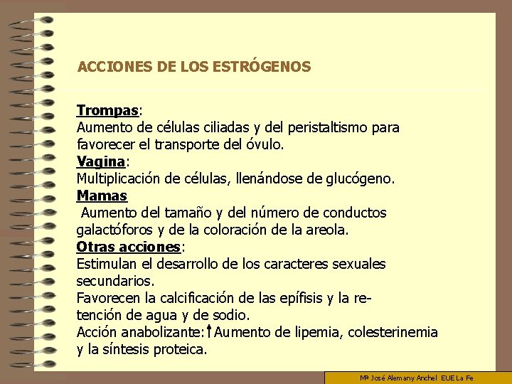 ACCIONES DE LOS ESTRÓGENOS Trompas: Aumento de células ciliadas y del peristaltismo para favorecer