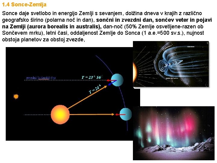 1. 4 Sonce-Zemlja Sonce daje svetlobo in energijo Zemlji s sevanjem, dolžina dneva v 1. 4 Sonce-Zemlja Sonce daje svetlobo in energijo Zemlji s sevanjem, dolžina dneva v