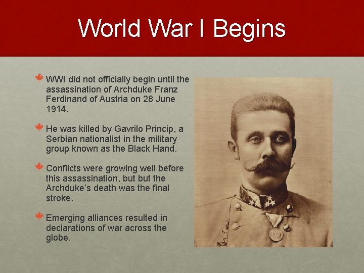 World War I Begins WWI did not officially begin until the assassination of Archduke