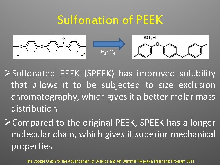 Sulfonation of PEEK H 2 SO 4 ØSulfonated PEEK (SPEEK) has improved solubility that