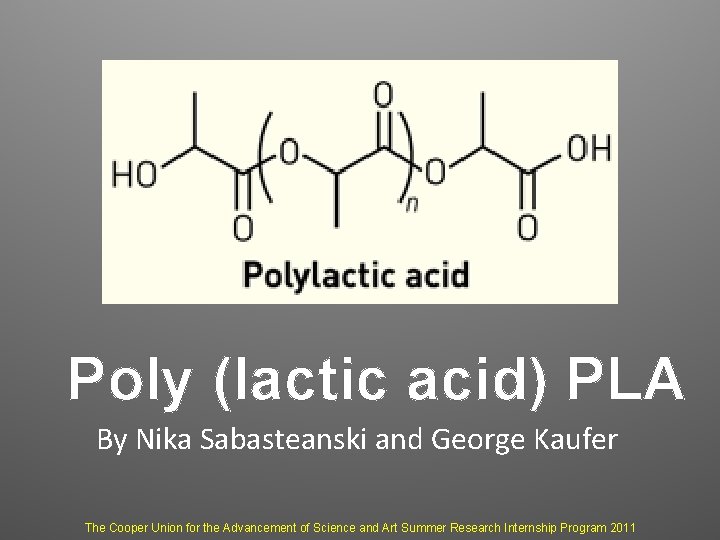 Poly (lactic acid) PLA By Nika Sabasteanski and George Kaufer The Cooper Union for