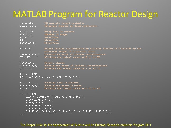 MATLAB Program for Reactor Design clear all format long %Clears all stored variables %Displays