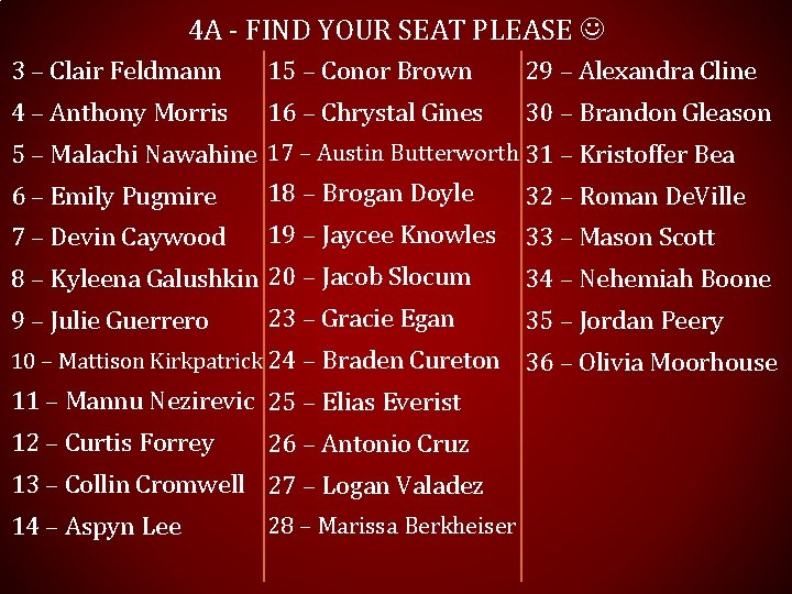 4 A - FIND YOUR SEAT PLEASE 3 – Clair Feldmann 15 – Conor