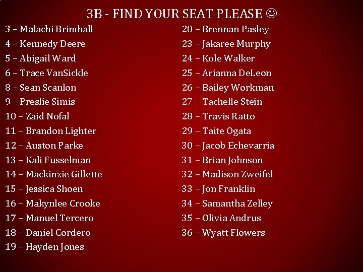 3 B - FIND YOUR SEAT PLEASE 3 – Malachi Brimhall 4 – Kennedy