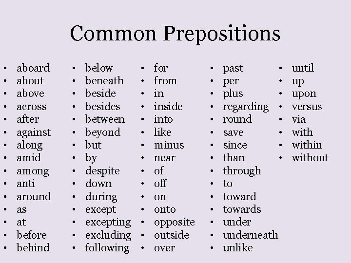 Common Prepositions • • • • aboard about above across after against along amid