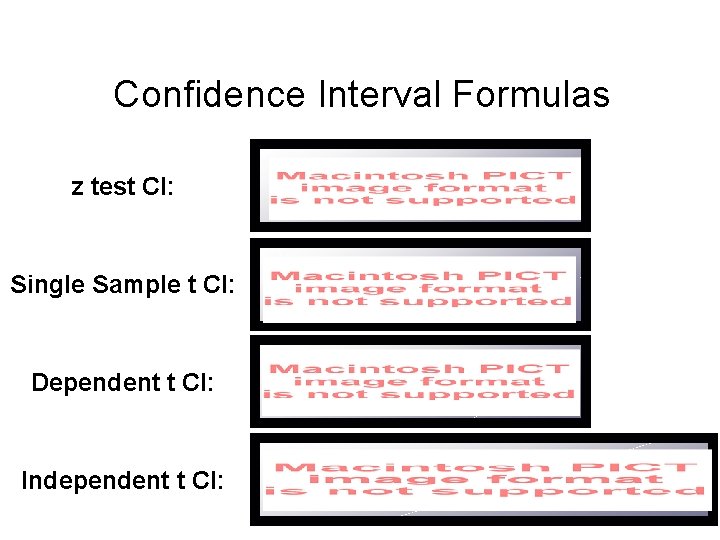Confidence Interval Formulas z test CI: Single Sample t CI: Dependent t CI: Independent