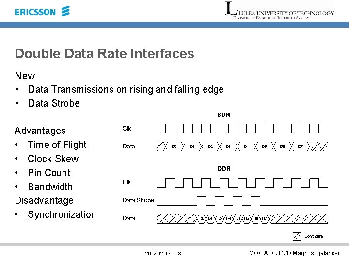 Double Data Rate Interfaces New • Data Transmissions on rising and falling edge •