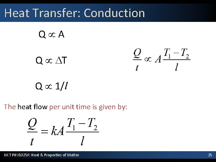 Heat Transfer: Conduction Q A Q DT Q 1/l The heat flow per unit