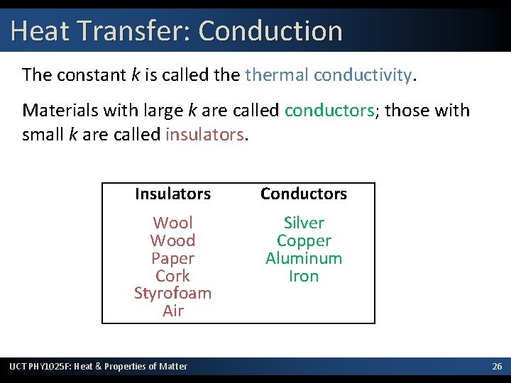 Heat Transfer: Conduction The constant k is called thermal conductivity. Materials with large k