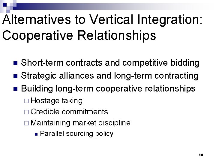 Alternatives to Vertical Integration: Cooperative Relationships n n n Short-term contracts and competitive bidding Alternatives to Vertical Integration: Cooperative Relationships n n n Short-term contracts and competitive bidding