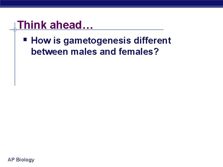 Think ahead… § How is gametogenesis different between males and females? AP Biology 