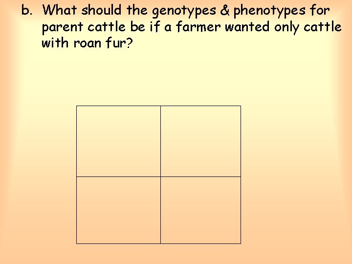 b. What should the genotypes & phenotypes for parent cattle be if a farmer