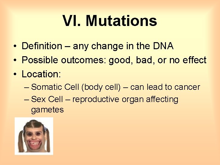 VI. Mutations • Definition – any change in the DNA • Possible outcomes: good,