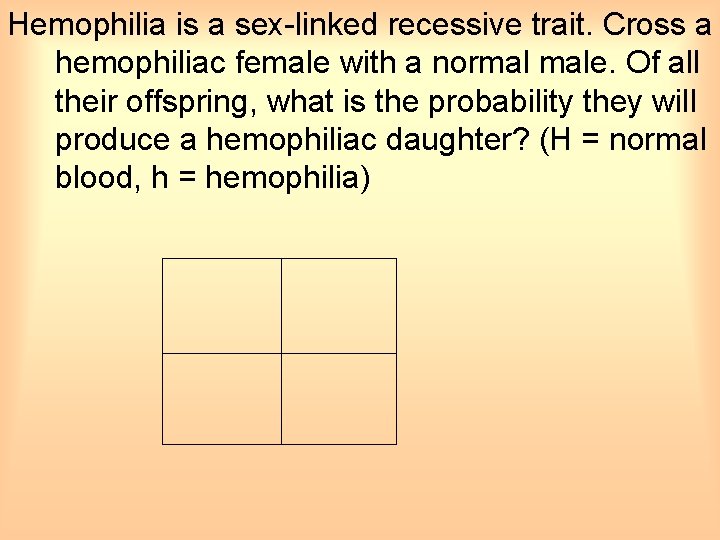 Hemophilia is a sex-linked recessive trait. Cross a hemophiliac female with a normal male.