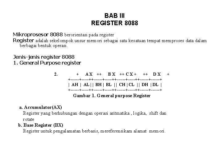 BAB III REGISTER 8088 Mikroprosesor 8088 berorientasi pada register Register adalah sekelompok unsur memori