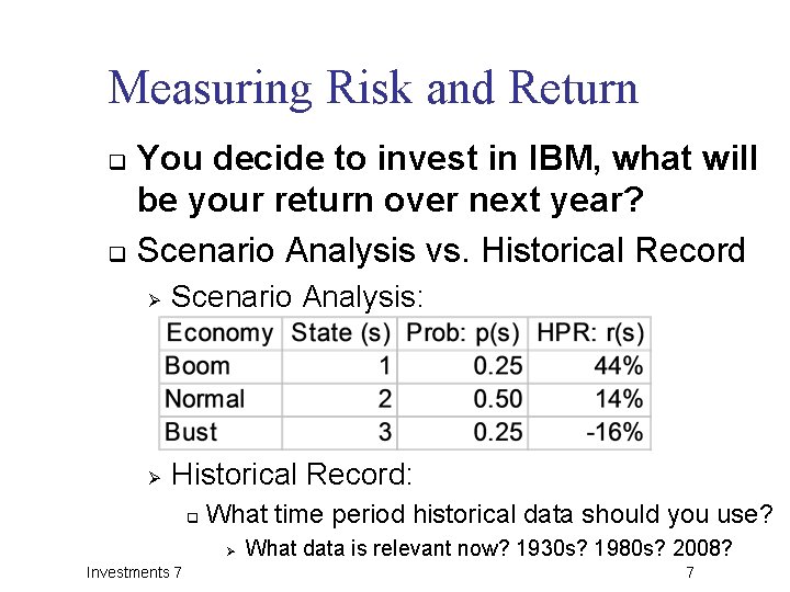 Measuring Risk and Return You decide to invest in IBM, what will be your