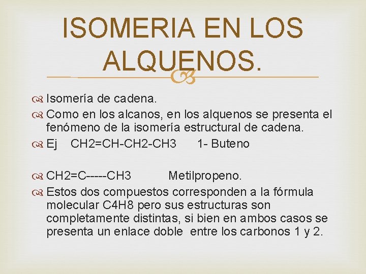ISOMERIA EN LOS ALQUENOS. Isomería de cadena. Como en los alcanos, en los alquenos ISOMERIA EN LOS ALQUENOS. Isomería de cadena. Como en los alcanos, en los alquenos