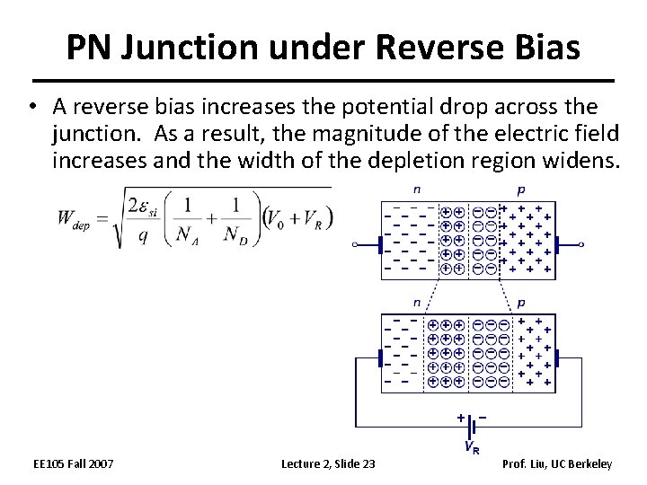 PN Junction under Reverse Bias • A reverse bias increases the potential drop across