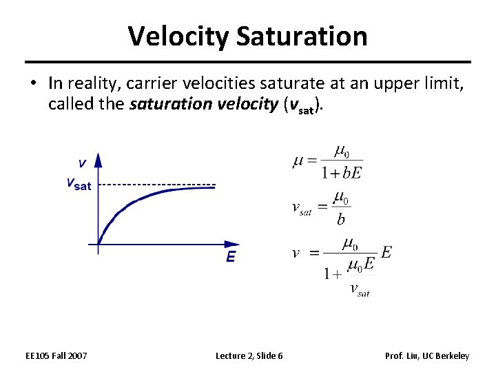 Velocity Saturation • In reality, carrier velocities saturate at an upper limit, called the