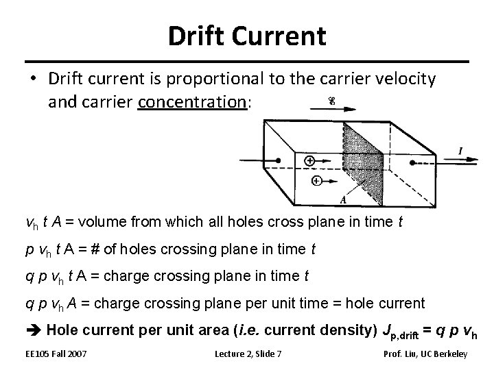 Drift Current • Drift current is proportional to the carrier velocity and carrier concentration: