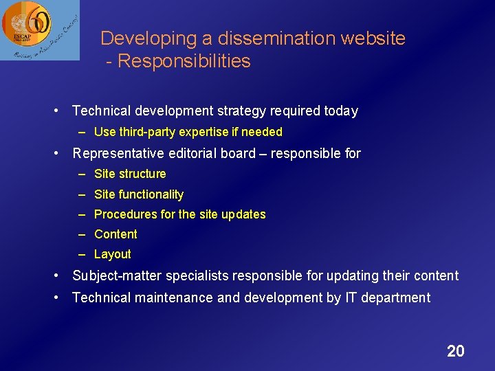 Developing a dissemination website - Responsibilities • Technical development strategy required today – Use