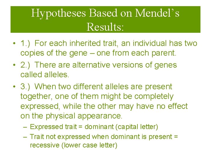 Hypotheses Based on Mendel’s Results: • 1. ) For each inherited trait, an individual