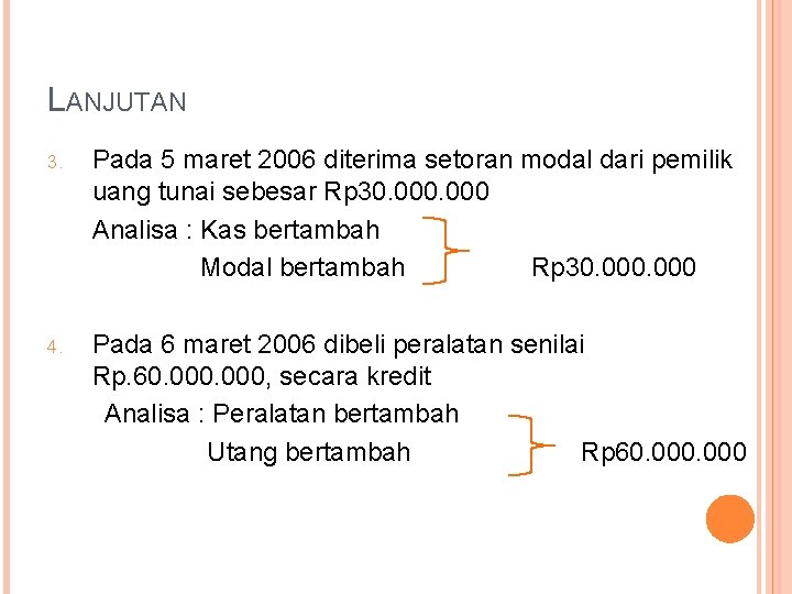 LANJUTAN 3. Pada 5 maret 2006 diterima setoran modal dari pemilik uang tunai sebesar