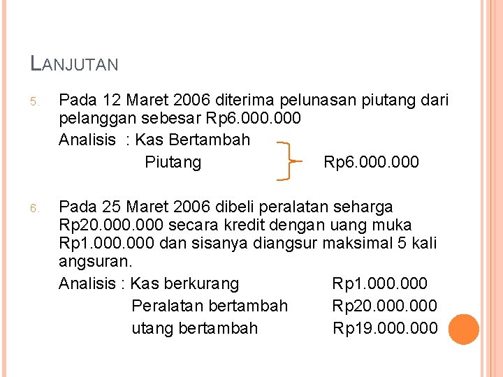 LANJUTAN 5. Pada 12 Maret 2006 diterima pelunasan piutang dari pelanggan sebesar Rp 6.