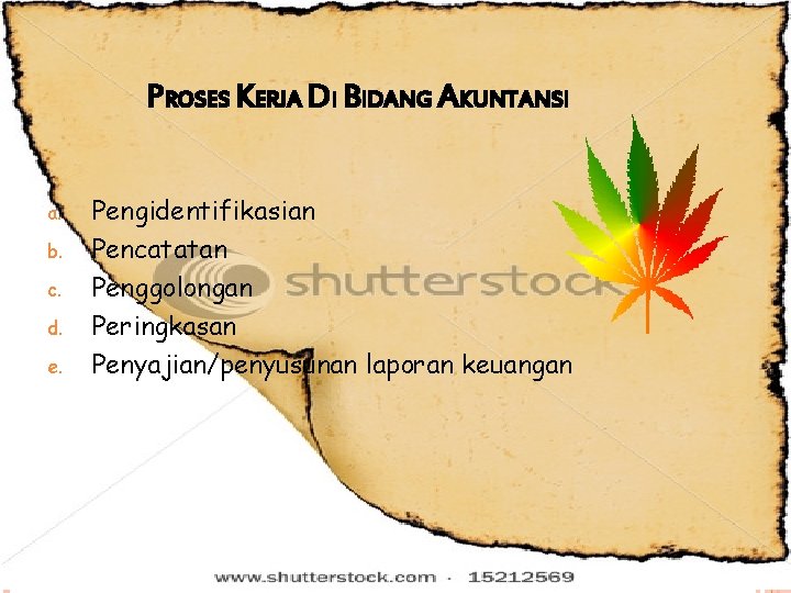 PROSES KERJA DI BIDANG AKUNTANSI a. b. c. d. e. Pengidentifikasian Pencatatan Penggolongan Peringkasan