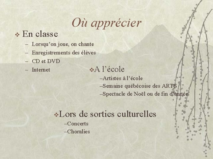 v En classe – – Où apprécier Lorsqu’on joue, on chante Enregistrements des élèves