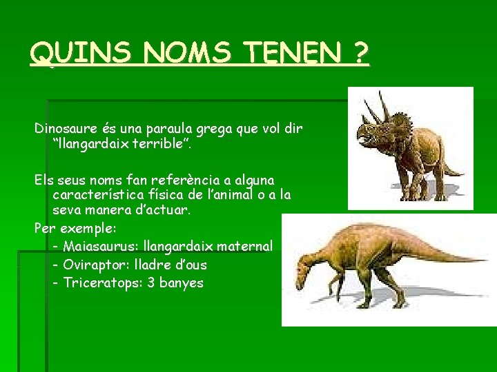 QUINS NOMS TENEN ? Dinosaure és una paraula grega que vol dir “llangardaix terrible”.