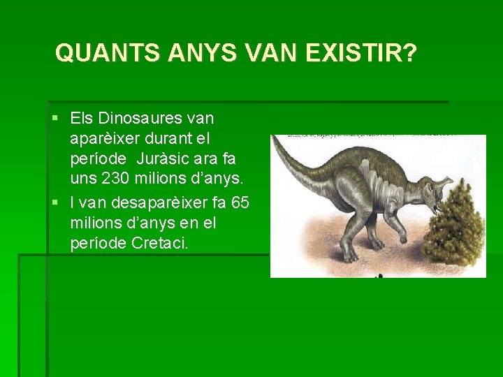 QUANTS ANYS VAN EXISTIR? Els Dinosaures van aparèixer durant el període Juràsic ara fa