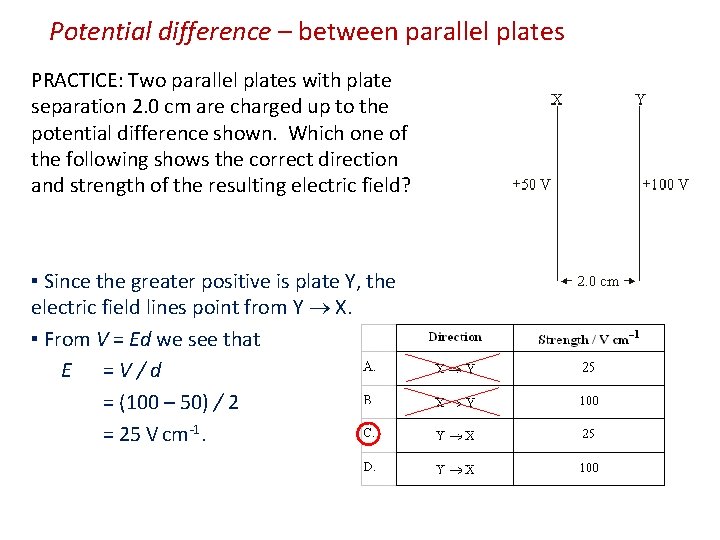 Potential difference – between parallel plates PRACTICE: Two parallel plates with plate separation 2.