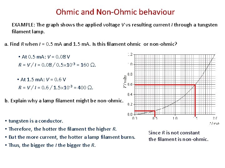 Ohmic and Non-Ohmic behaviour EXAMPLE: The graph shows the applied voltage V vs resulting