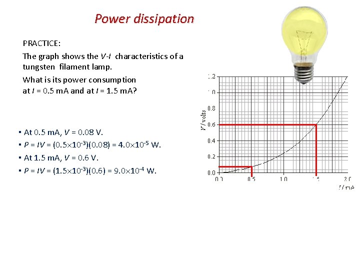 Power dissipation PRACTICE: The graph shows the V-I characteristics of a tungsten filament lamp.