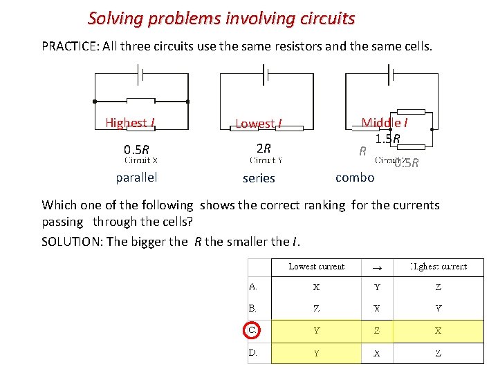 Solving problems involving circuits PRACTICE: All three circuits use the same resistors and the
