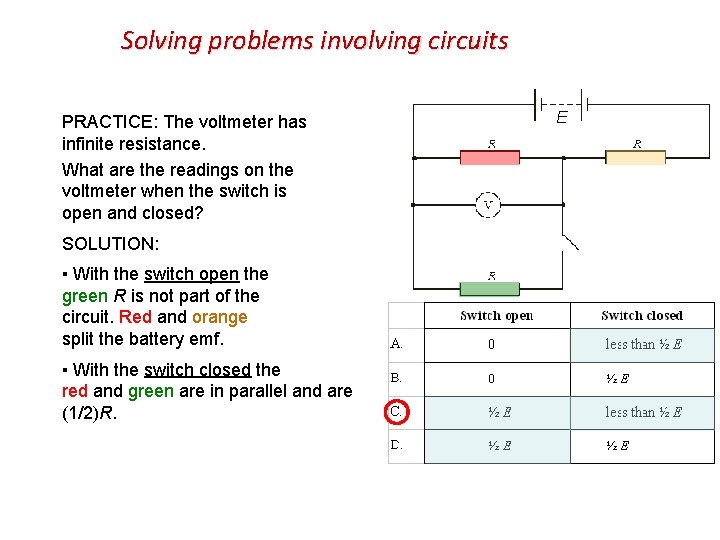 Solving problems involving circuits PRACTICE: The voltmeter has E infinite resistance. What are the