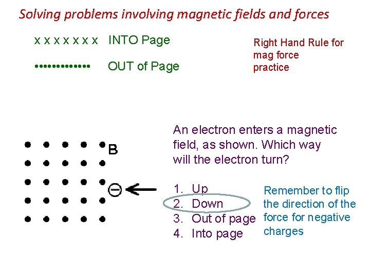Solving problems involving magnetic fields and forces x x x x INTO Page •