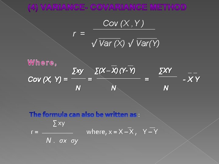 Cov (X , Y ) r = √ Var (X) √ Var(Y) ∑xy Cov