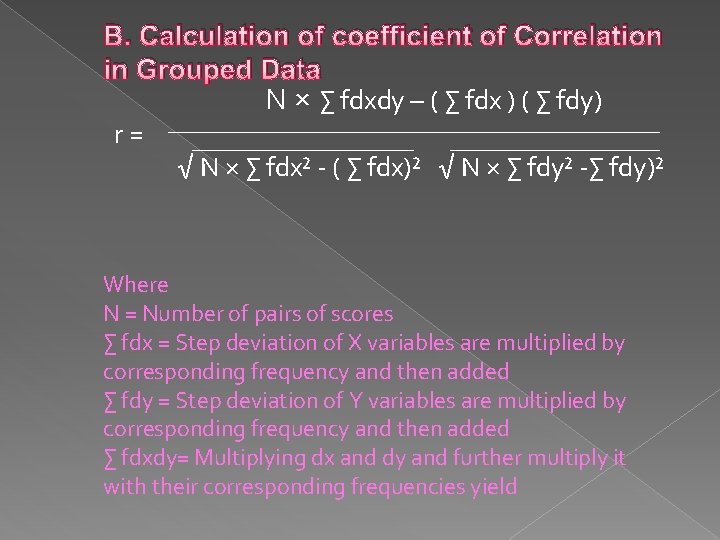 B. Calculation of coefficient of Correlation in Grouped Data N × ∑ fdxdy –