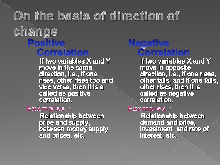 On the basis of direction of change If two variables X and Y move