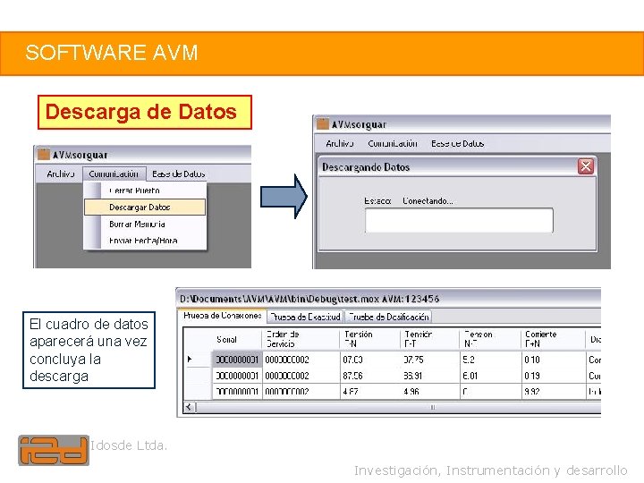 21 SOFTWARE AVM Descarga de Datos El cuadro de datos aparecerá una vez concluya