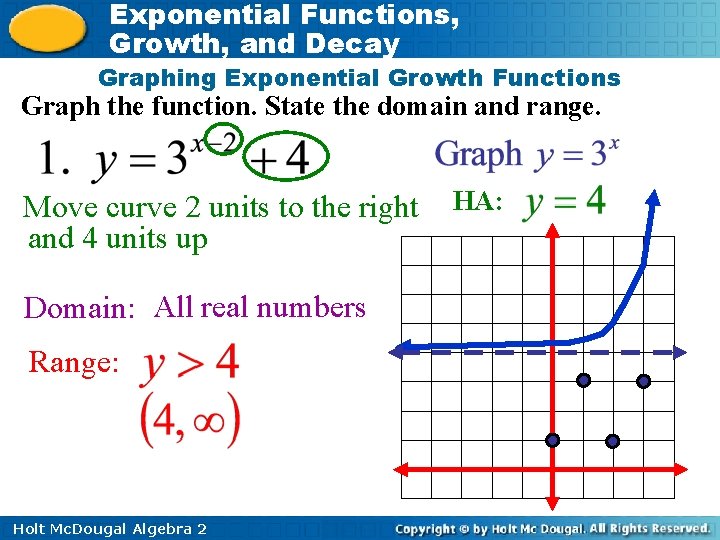 Exponential Functions, Growth, and Decay Graphing Exponential Growth Functions Graph the function. State the
