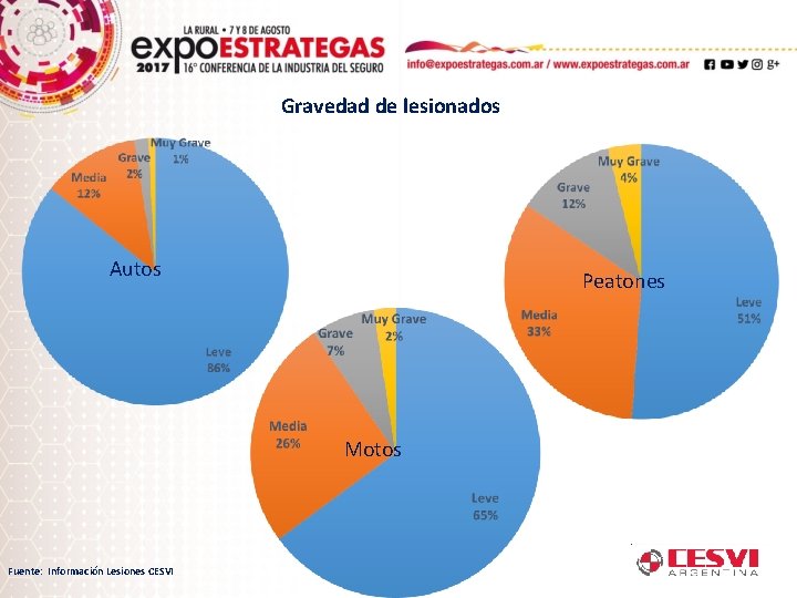 Gravedad de lesionados Autos Peatones Motos Fuente: Información Lesiones CESVI 