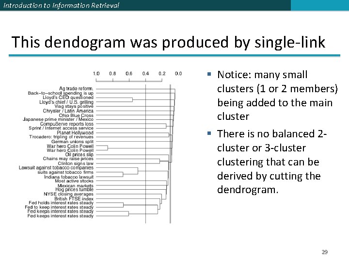 Introduction to Information Retrieval This dendogram was produced by single-link § Notice: many small