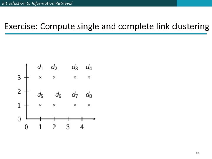 Introduction to Information Retrieval Exercise: Compute single and complete link clustering 32 